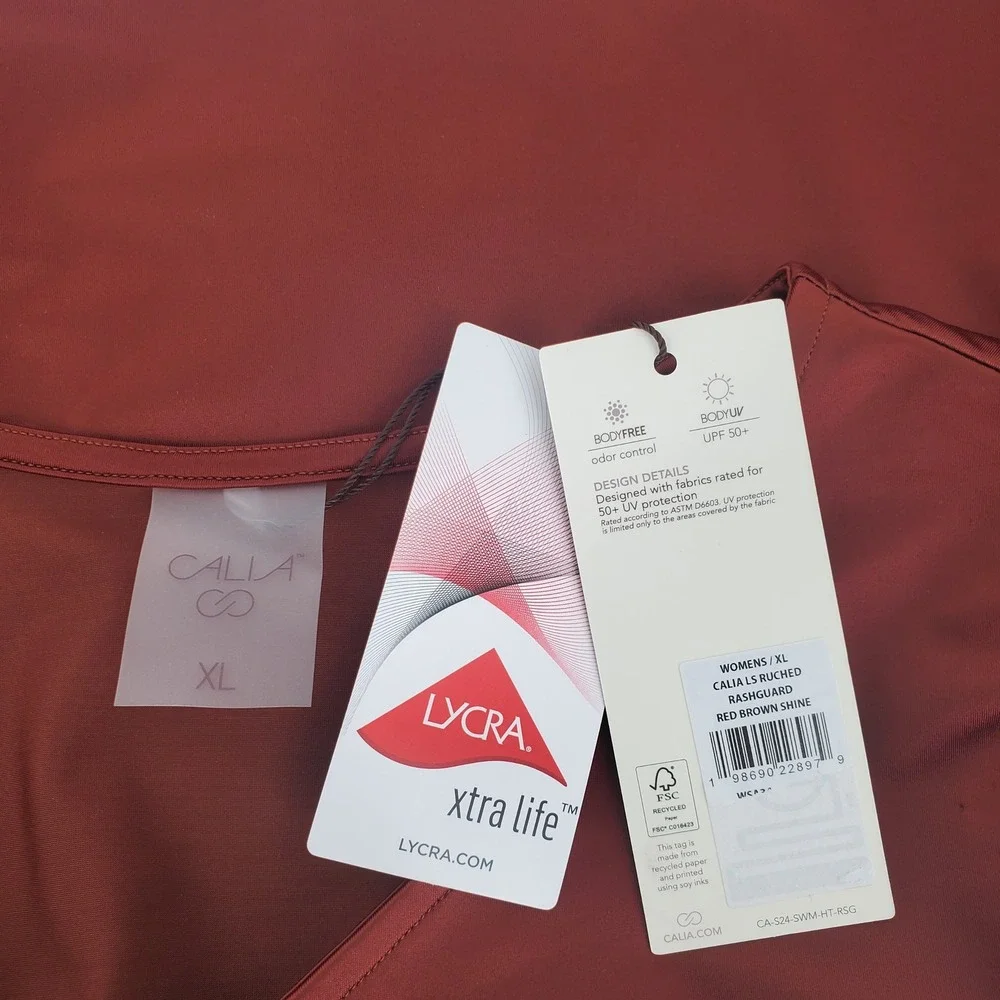 CALIA Womens XL Ruched Rash Guard Swim Top Red Brown‎ Shine Long Sleeve UPF 50